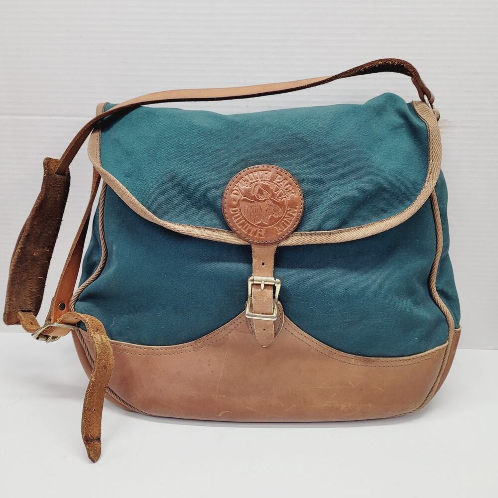 Vtg Duluth Pack Medium Messenger Bag Green Canvas & Leather Made in USA 16"x13"